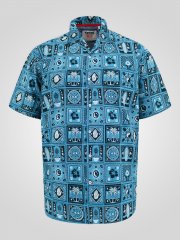D555 Hawkins Printed Cuban Collar Resort Short Sleeve Shirt Teal