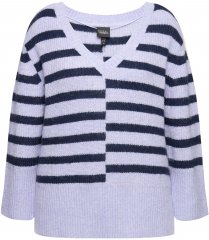 Ulla Popken Split Stripe Long Sleeve V-Neck Sweater Blue Grey