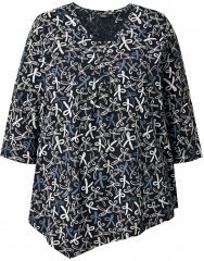 Ulla Popken Ribbon Print 3/4 Sleeve Asymmetric Tee Black
