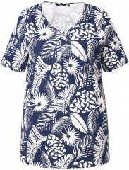 Ulla Popken Feather Print Short Sleeve V-Neck Tee Ink Blue