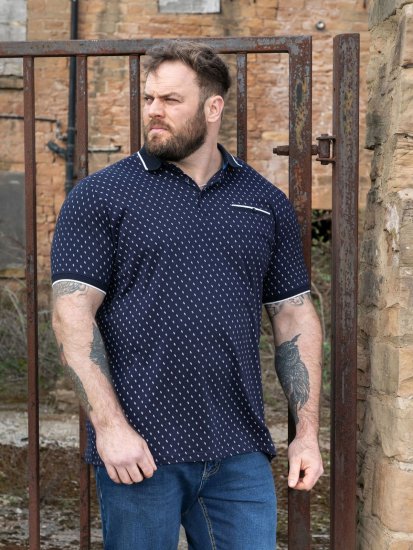 D555 Reid AOP Polo With Jacquard Collar, Pocket And Cuffs Mørkeblå - Polo- & piqueskjorter - Poloskjorte i store størrelser - 2XL-8XL