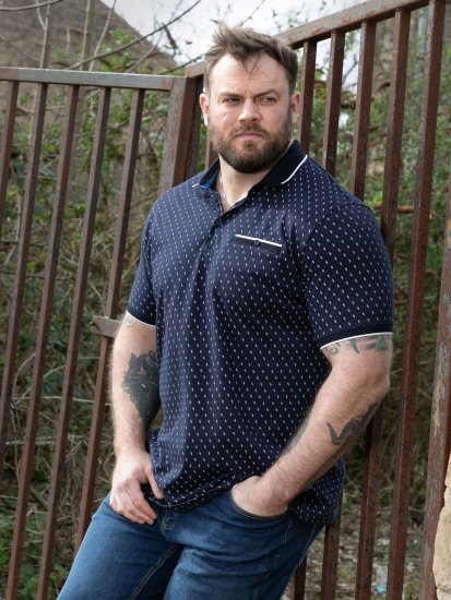 D555 Reid AOP Polo With Jacquard Collar, Pocket And Cuffs Mørkeblå - Polo- & piqueskjorter - Poloskjorte i store størrelser - 2XL-8XL