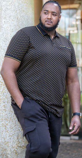 D555 RAUL AOP Jersey Polo With Jacquard Collar, Ribs And Chest Pocket Black - Polo- & piqueskjorter - Poloskjorte i store størrelser - 2XL-8XL