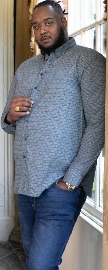 D555 MANGALA Geometric AOP Long Sleeve Shirt With Concealed Button Down Collar Navy - Skjorter - Store skjorter - 2XL-8XL