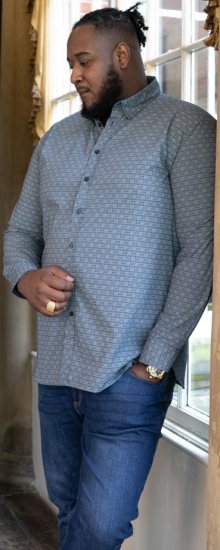 D555 MANGALA Geometric AOP Long Sleeve Shirt With Concealed Button Down Collar Navy - Skjorter - Store skjorter - 2XL-8XL