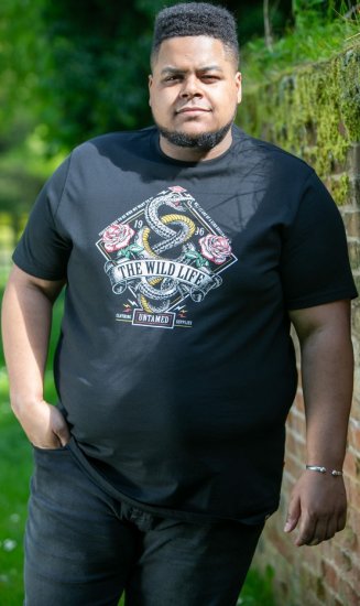 D555 MALCOM Snake And Roses Printed Crew Neck T-Shirt Black - T-skjorter - Store T-skjorter - 2XL-14XL