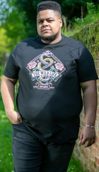 D555 MALCOM Snake And Roses Printed Crew Neck T-Shirt Black - T-skjorter - Store T-skjorter - 2XL-14XL