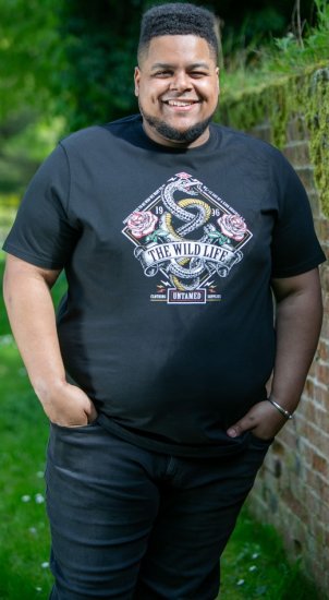 D555 MALCOM Snake And Roses Printed Crew Neck T-Shirt Black - T-skjorter - Store T-skjorter - 2XL-14XL