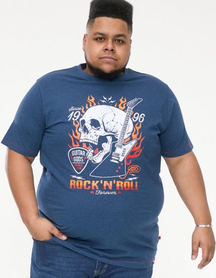 D555 NEAL Skull With Flames Printed Crew Neck T-Shirt Navy/Blue Twist - T-skjorter - Store T-skjorter - 2XL-14XL