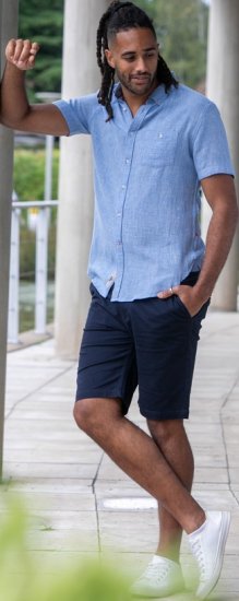 D555 Falmouth 1 Linen Mix Short Sleeve Shirt With Button Down Blue - Skjorter - Store skjorter - 2XL-8XL