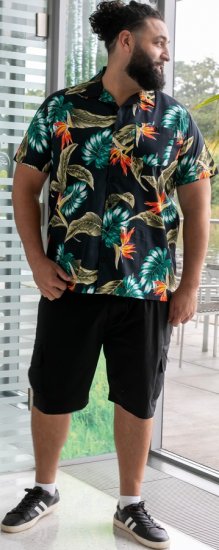 D555 Selby Hawaiian AOP Short Sleeve Revere Collar Shirt Black - Skjorter - Store skjorter - 2XL-8XL