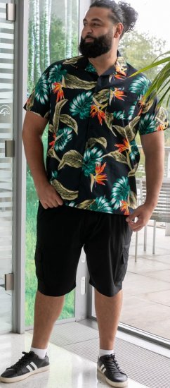 D555 Selby Hawaiian AOP Short Sleeve Revere Collar Shirt Black - Skjorter - Store skjorter - 2XL-8XL