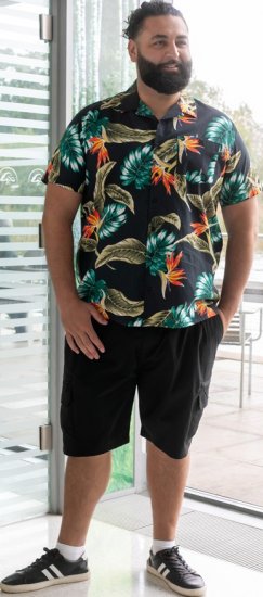 D555 Selby Hawaiian AOP Short Sleeve Revere Collar Shirt Black - Skjorter - Store skjorter - 2XL-8XL