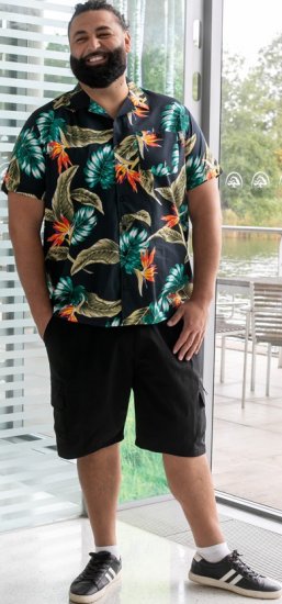 D555 Selby Hawaiian AOP Short Sleeve Revere Collar Shirt Black - Skjorter - Store skjorter - 2XL-8XL