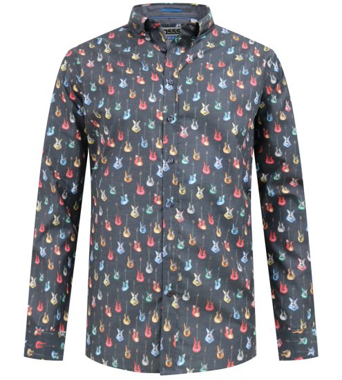 D555 Wakefield Long Sleeve AOP Guitar Printed Shirt Grey - Skjorter - Store skjorter - 2XL-8XL