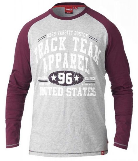 D555 KELTON Long Sleeve Raglan T-Shirt Grey/Burgundy - T-skjorter - Store T-skjorter - 2XL-14XL