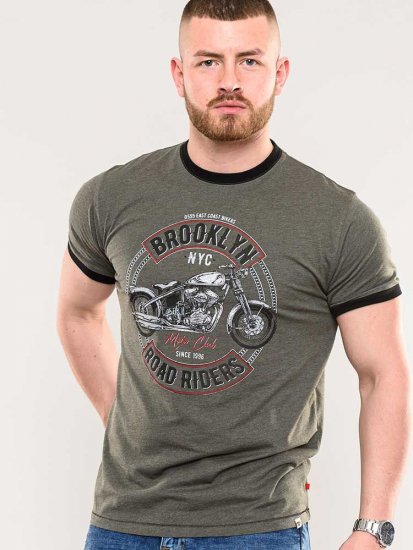 D555 Hereford Brooklyn Motorbike Printed Ringer T-Shirt Khaki - T-skjorter - Store T-skjorter - 2XL-14XL