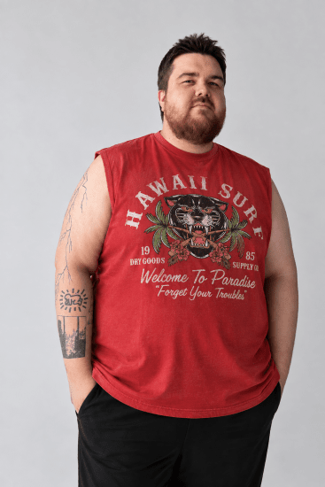 Kam Jeans 5763 Hawaii Surf Vest Sleeveless T-Shirt Washed Red - T-skjorter - Store T-skjorter - 2XL-14XL