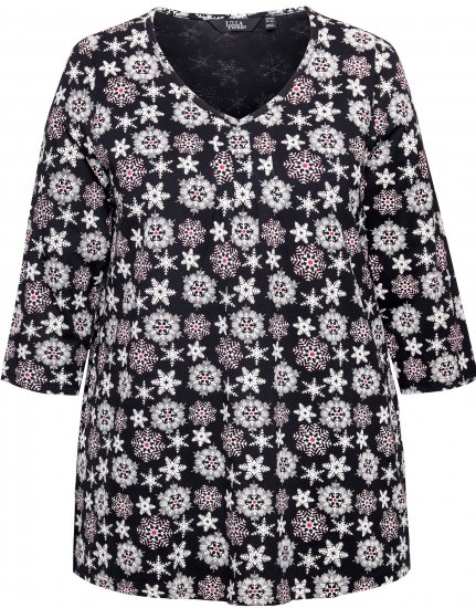 Ulla Popken Snowflake Print 3/4 Sleeve A-Line Tee Black - Trykket T-skjorter for dame - 