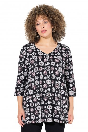 Ulla Popken Snowflake Print 3/4 Sleeve A-Line Tee Black - Trykket T-skjorter for dame - 