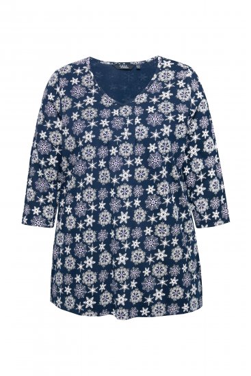 Ulla Popken Snowflake Print 3/4 Sleeve A-Line Tee Navy - Trykket T-skjorter for dame - 