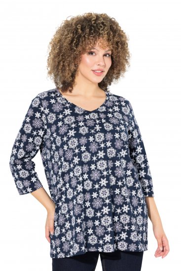 Ulla Popken Snowflake Print 3/4 Sleeve A-Line Tee Navy - Trykket T-skjorter for dame - 