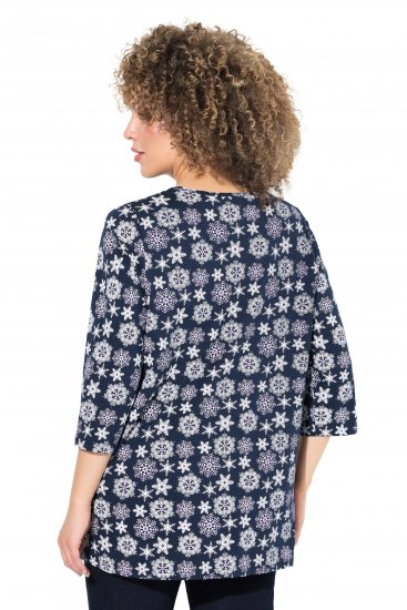 Ulla Popken Snowflake Print 3/4 Sleeve A-Line Tee Navy - Trykket T-skjorter for dame - 