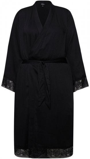 Ulla Popken 834837 Kimono-morgenkåpe med blonder Svart - Morgenkåper & badekåper - 
