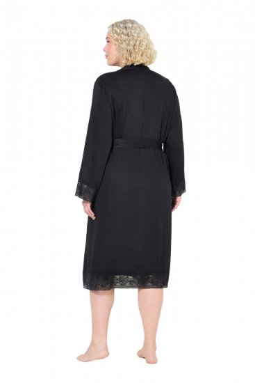 Ulla Popken 834837 Kimono-morgenkåpe med blonder Svart - Morgenkåper & badekåper - 