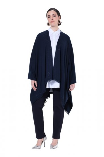 Ulla Popken 841117 Oversize strikkeponcho med strass Mørkeblå - Ponchoer og capes - 
