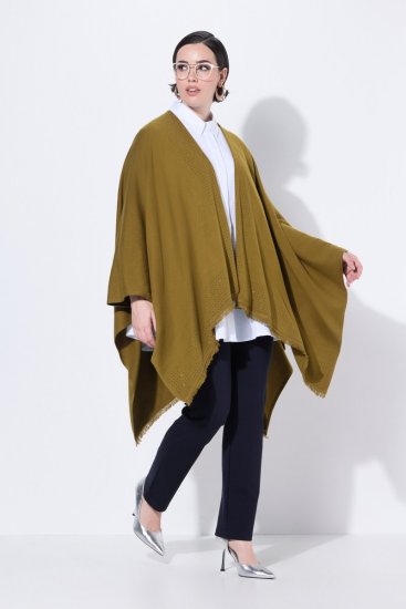 Ulla Popken 841117 Oversize strikkeponcho med strass Olivengrønn - Ponchoer og capes - 