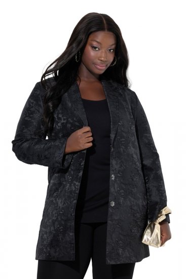 Ulla Popken 848099 Blomstret jacquardblazer med skjult knappelist Svart - Blazere - Blazere i store størrelser for dame