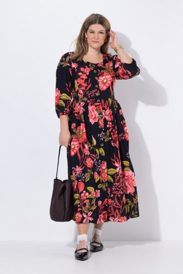 Ulla Popken 849593 Blomstret skjortekjole Mørkeblå - Maxikjoler - Maxikjoler for damer i store størrelser