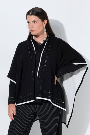 Ulla Popken 851127 Åpen strikkeponcho med strasskant Svart - Ponchoer og capes - 