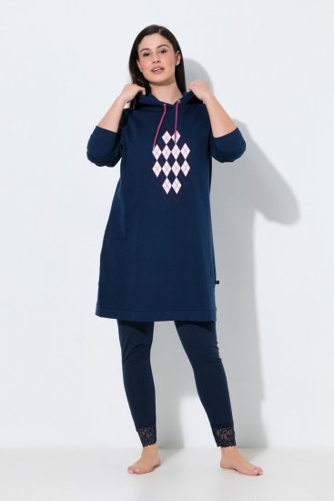 Ulla Popken 851749 Rutete hjemmekjole med hette Mørkeblå - Pyjamas/Loungewear - 