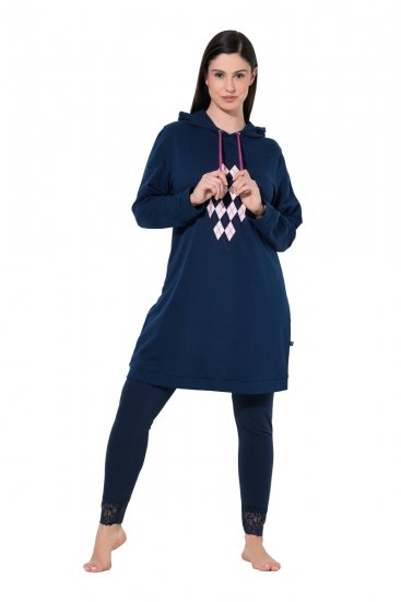 Ulla Popken 851749 Rutete hjemmekjole med hette Mørkeblå - Pyjamas/Loungewear - 