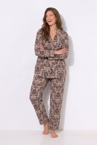Ulla Popken 852649 Mønstret pyjamas med skjortekrage Brun - Pyjamas/Loungewear - 