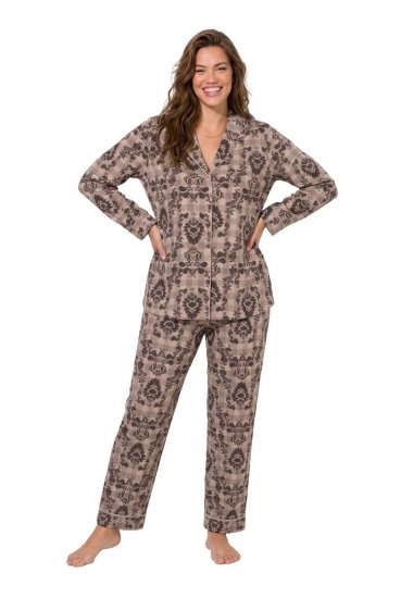 Ulla Popken 852649 Mønstret pyjamas med skjortekrage Brun - Pyjamas/Loungewear - 