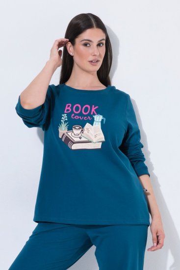 Ulla Popken 852710 Langermet hjemmegenser Petrol - Pyjamas/Loungewear - 