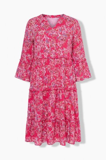 Ulla Popken 852841 Blomstret kjole med volanger Magenta - Midikjoler - Midikjoler i store størrelser