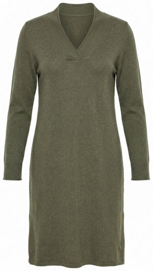 Ulla Popken 853077 Langermet strikket kjole med V-hals Khaki - Strikkede kjoler -
