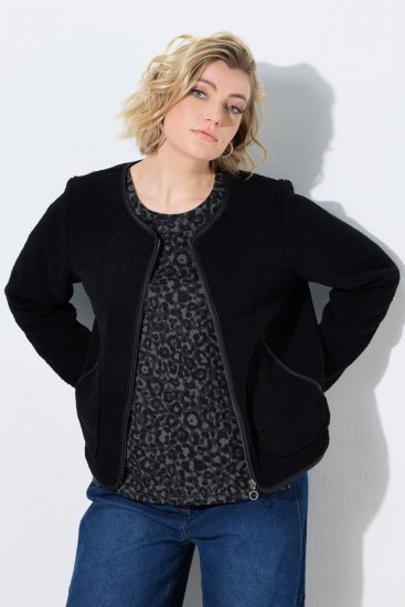 Ulla Popken 853685 Kort teddyjakke med kanter i skinnlook Svart - Jakker - Damejakker i store størrelser