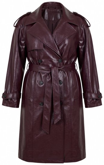 Ulla Popken 855617 Trenchcoat i skinnlook med knytebelte Vinrød - Frakker - Kåper i store størrelser