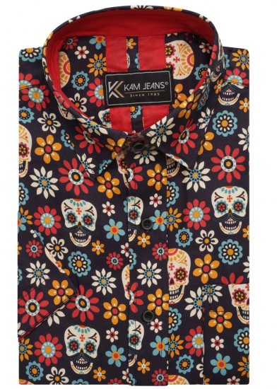 Kam Jeans 6040 Floral Skull Print Shirt Black - Skjorter - Store skjorter - 2XL-8XL