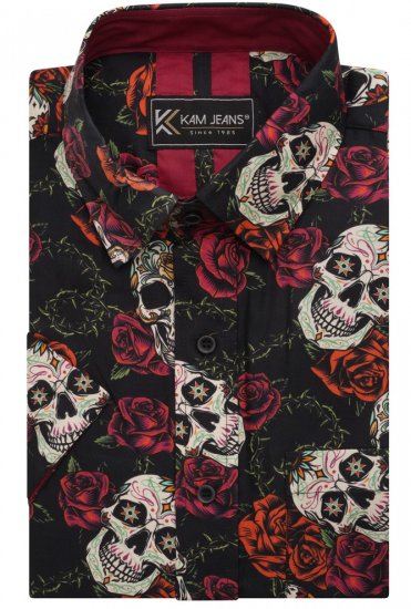Kam Jeans 6042 Rose Skull Digital Print Shirt Black - Skjorter - Store skjorter - 2XL-8XL