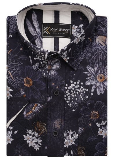 Kam Jeans 6045 Dragonfly Digital Print Short Sleeve Shirt Navy - Skjorter - Store skjorter - 2XL-8XL
