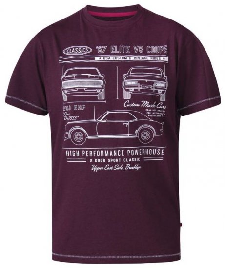 D555 Brady Classic Cars Crew Neck T-Shirt Burgundy - T-skjorter - Store T-skjorter - 2XL-14XL