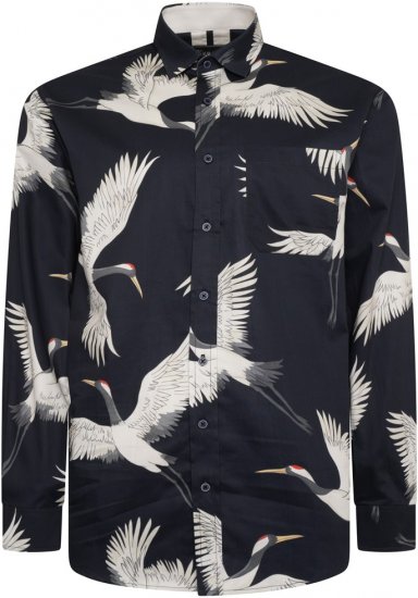 Kam Jeans 6059 LS Bird Print Shirt Navy - Skjorter - Store skjorter - 2XL-8XL