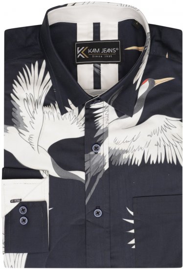 Kam Jeans 6059 LS Bird Print Shirt Navy - Skjorter - Store skjorter - 2XL-8XL