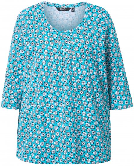 Ulla Popken Flower Print 3/4 Sleeve A-Line Tee Deep Aqua - Trykket T-skjorter for dame - 